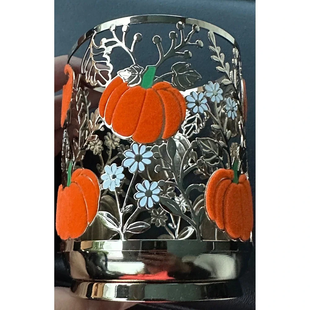 Bath & Body Works Pumpkin Floral Single Wick Candle Holder Sleeve Silver Orange